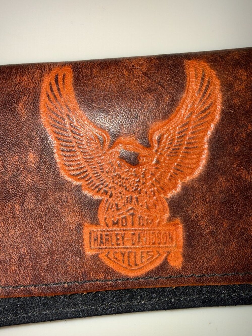 Harley-Davidson Distressed Leather Biker Chain Wallet Embossed Eagle Y2K USA
